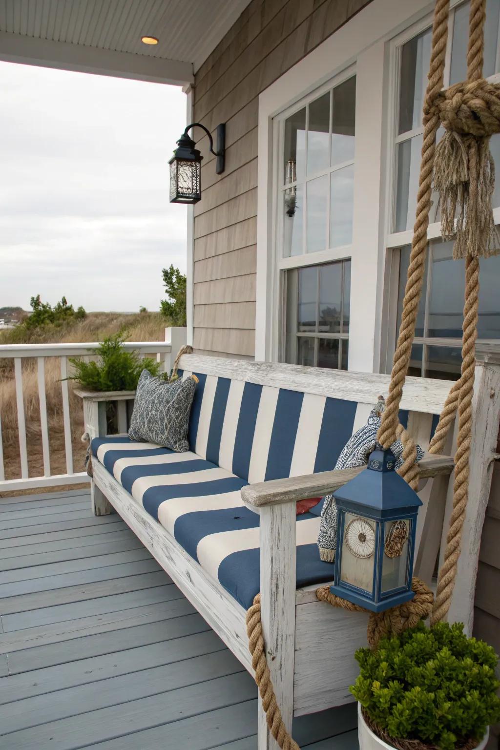 Nautical accents bring a coastal vibe to this porch bench.