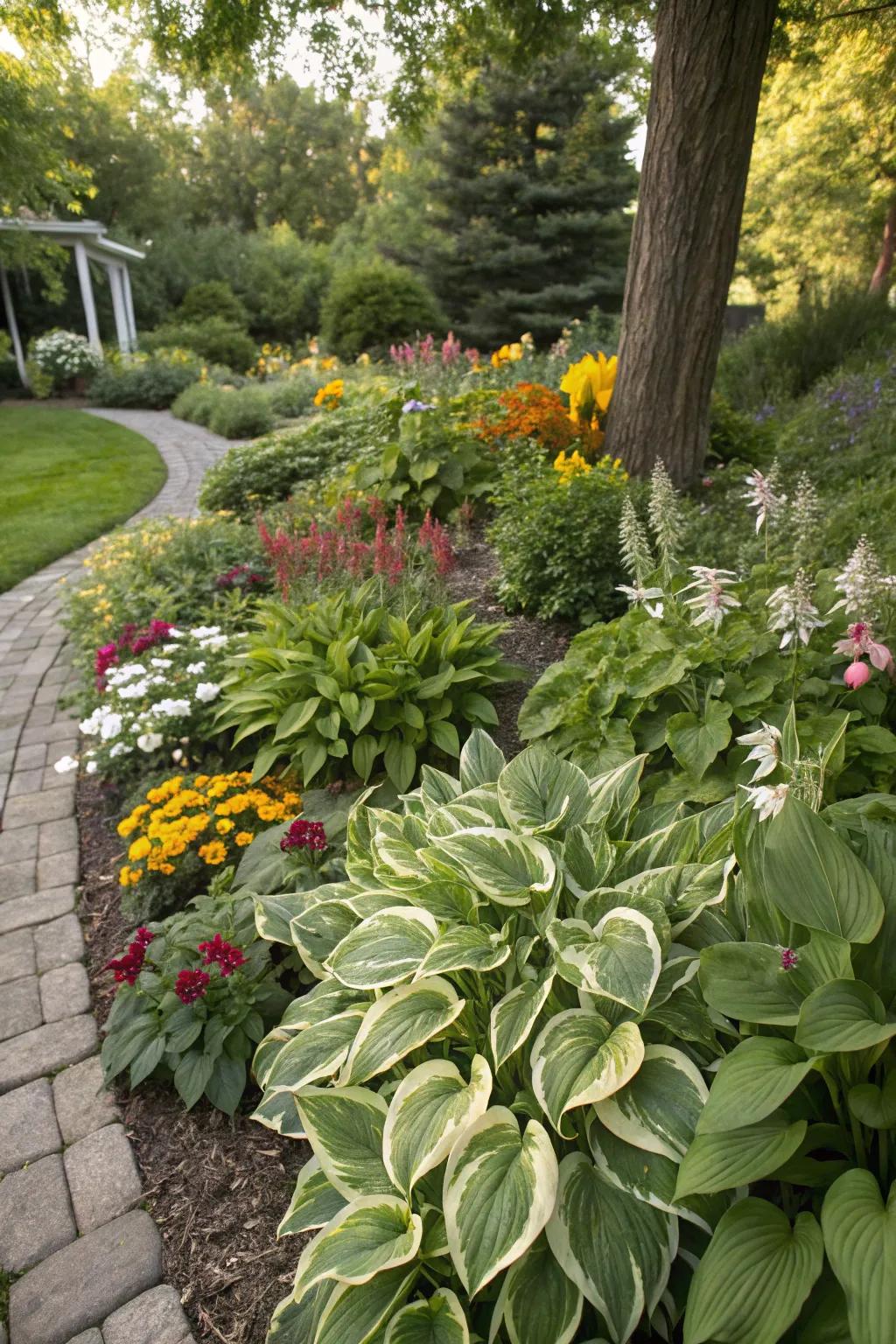 Shadeleaf plants paired with seasonal plants design dynamic accents.