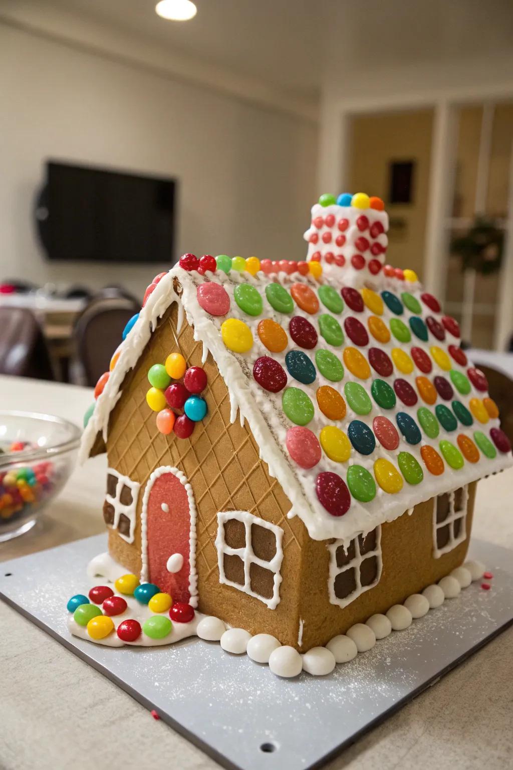 A gingerbread house exhibiting a chromatic confectionery rooftop
