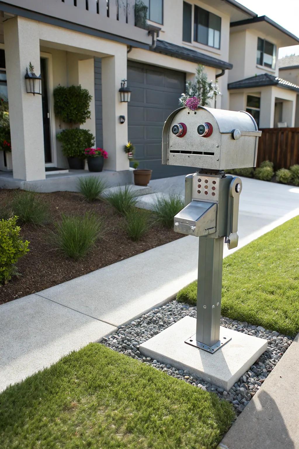 A mechanical man mailbox conveying a hint of futuristic flair.