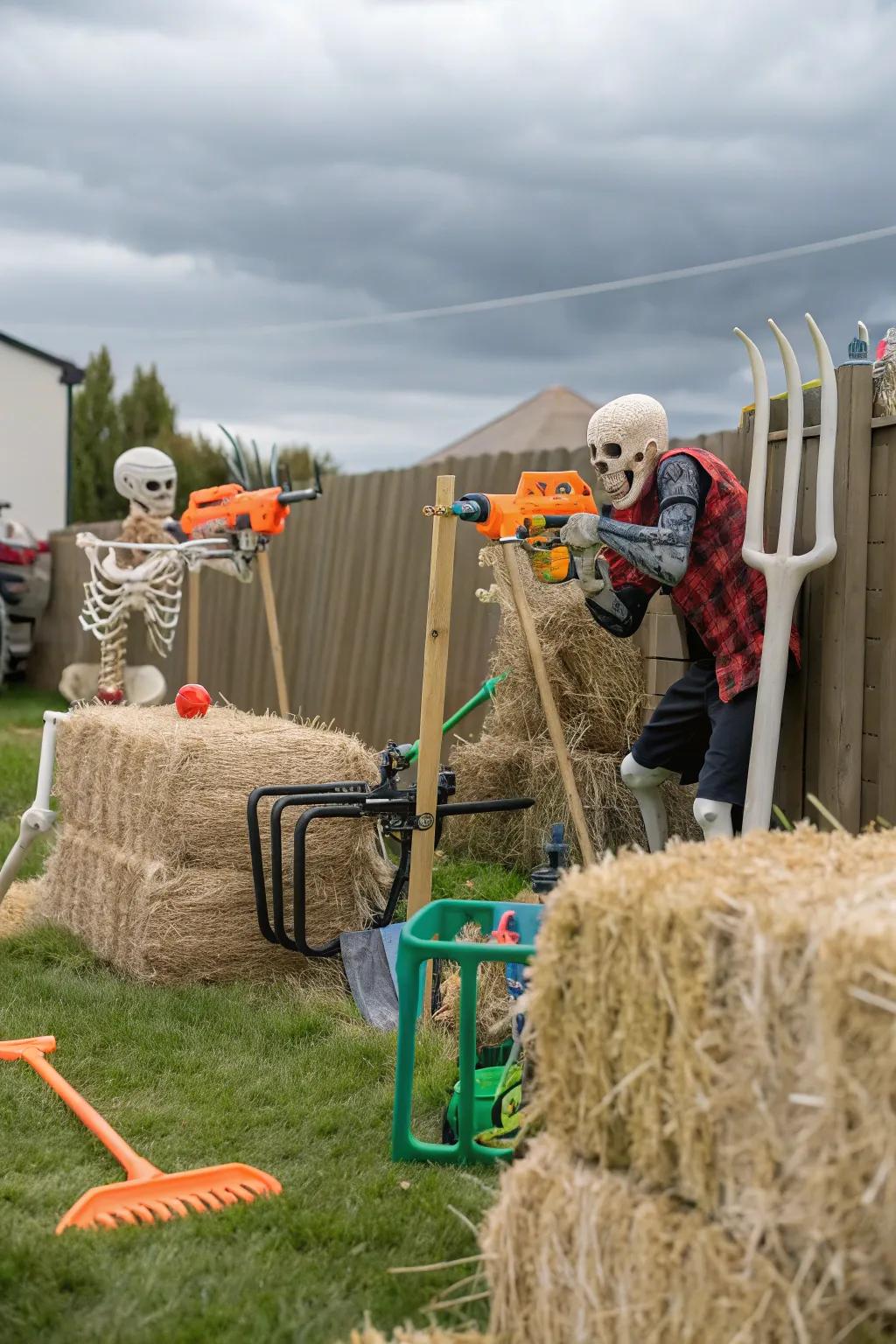 Skeletons in an epic foam projectile battle in the yard.