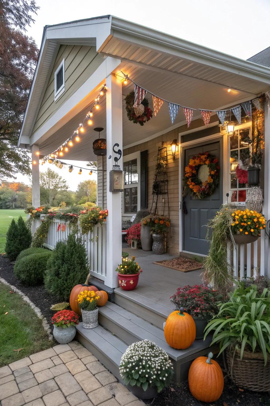 Seasonal decor keeps the porch lively and engaging.