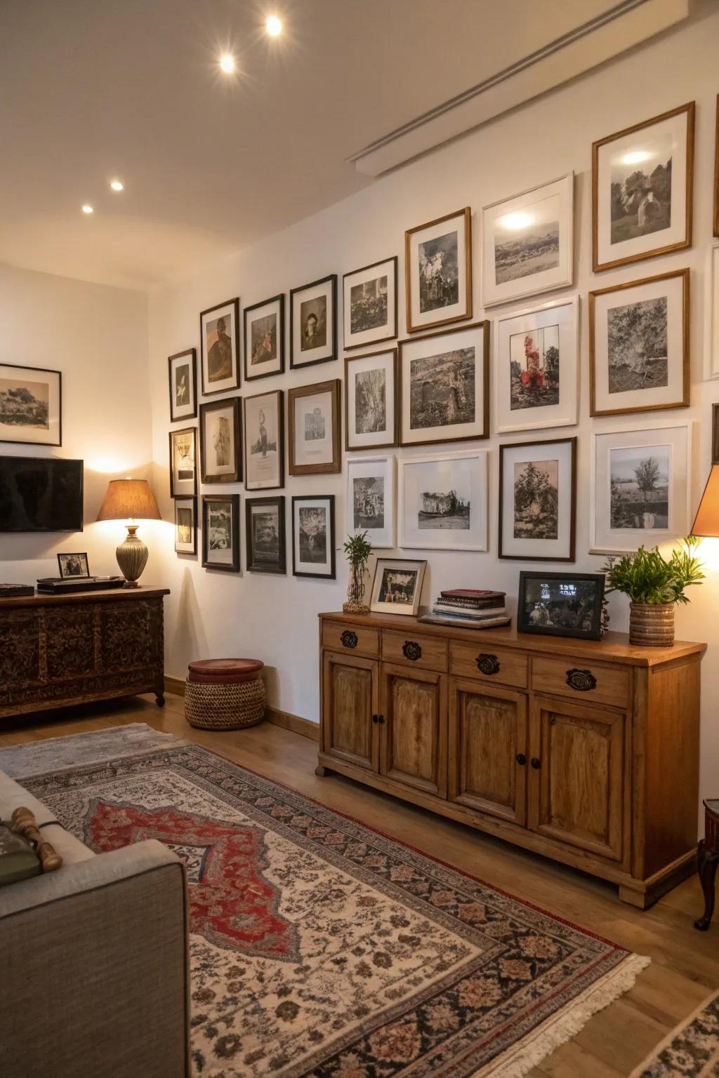 Nostalgic charm with antique frames adding a touch of nostalgia.