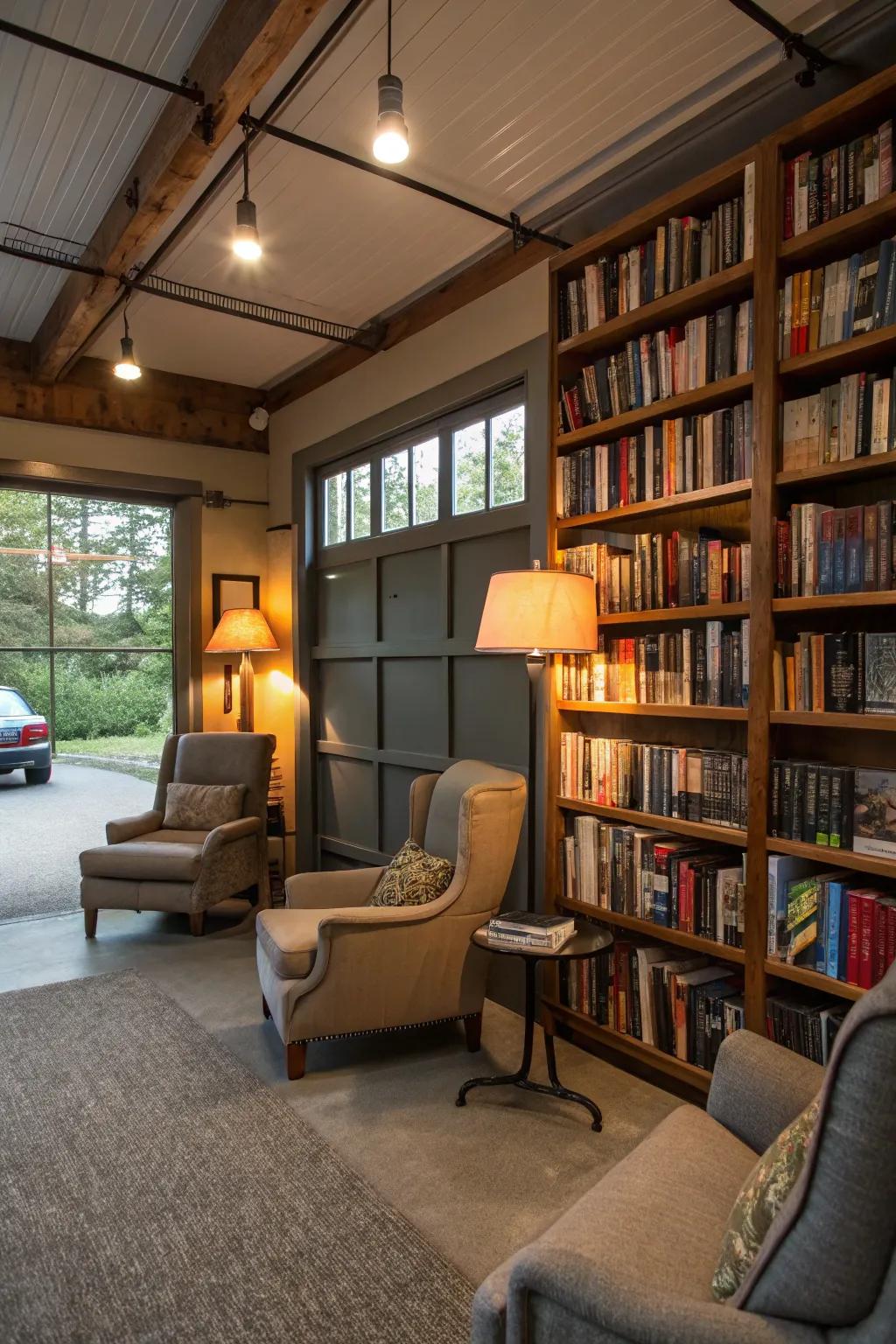A peaceful library space built in a garage.