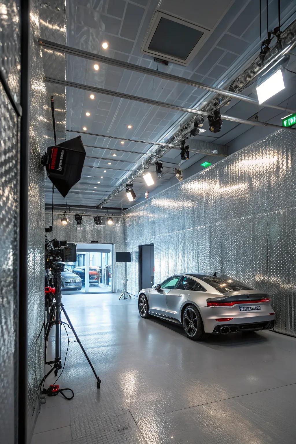 Futuristic silver elements create a high-tech garage.
