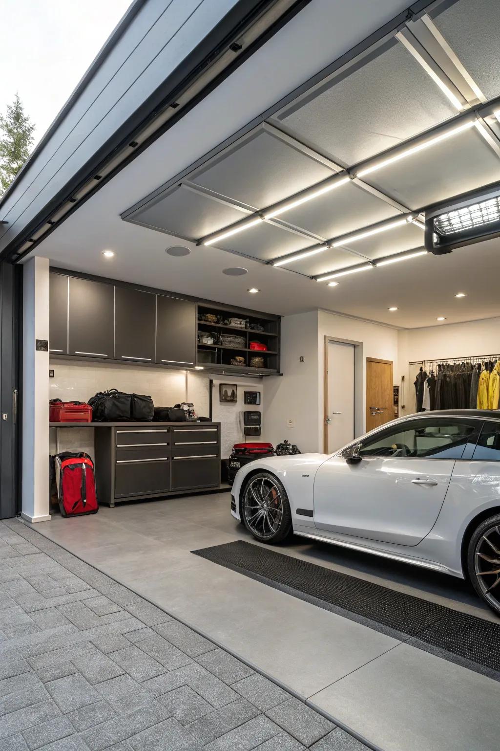 A roof extension with hidden storage solutions keeps the garage organized.