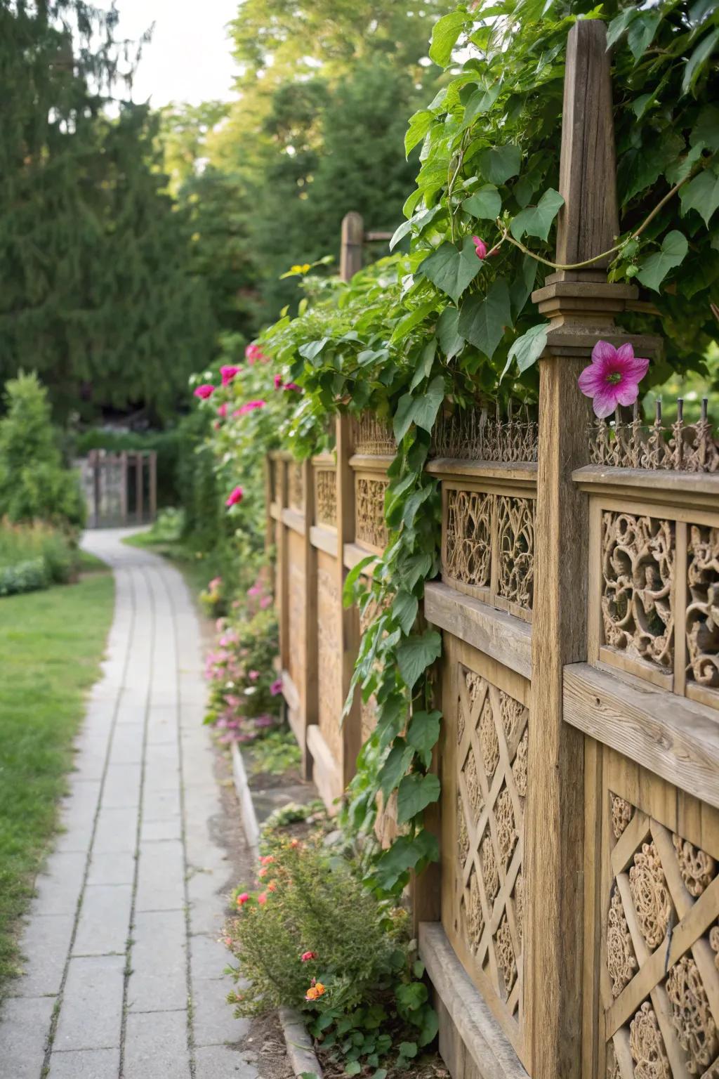 Decorative fence pieces offer beauty and support for garden plants.