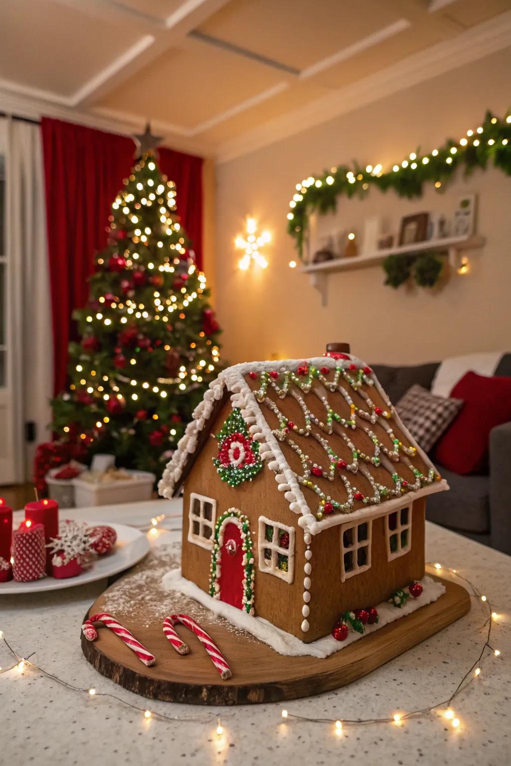 A gingerbread rooftop featuring sweet holiday illuminations.
