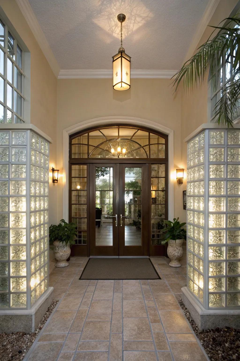 A welcoming entryway enhanced by glass brick accents.
