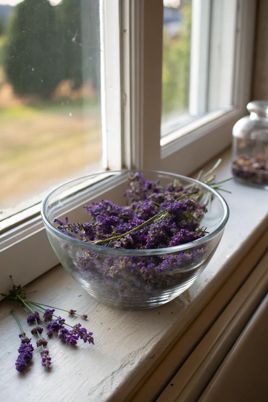 Elegant and fragrant parched lavender inside a glass bowl.