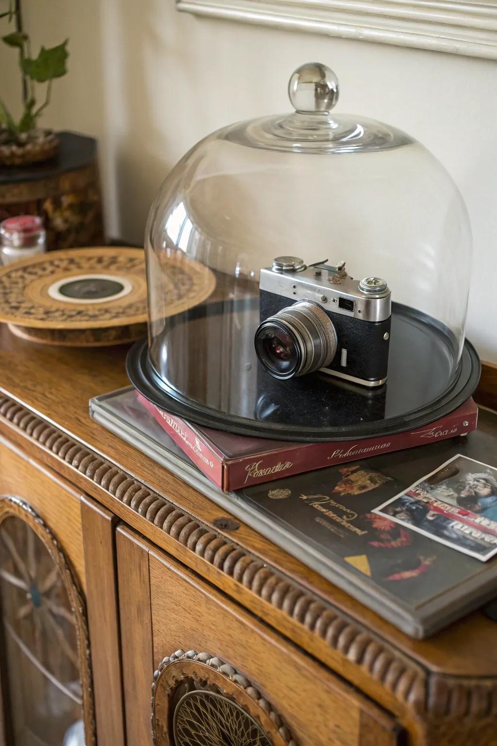 Retro items produce a nostalgic display screen under a glass dome.