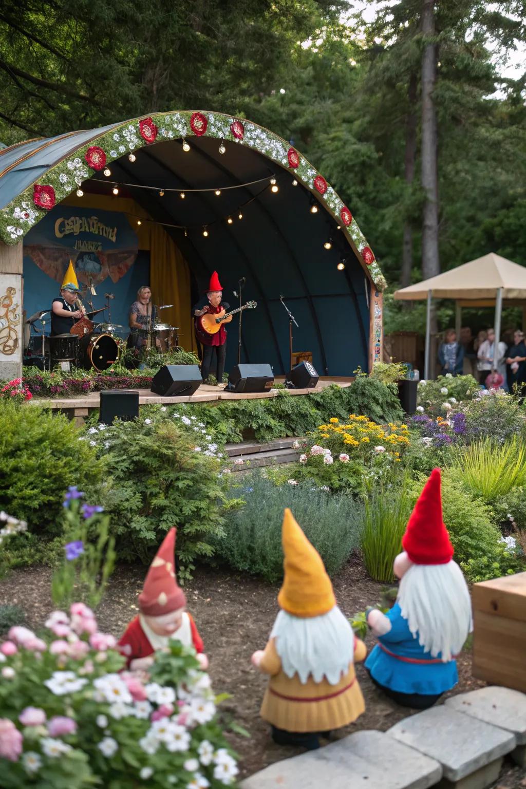 A lively gnome music show prepared to entertain.