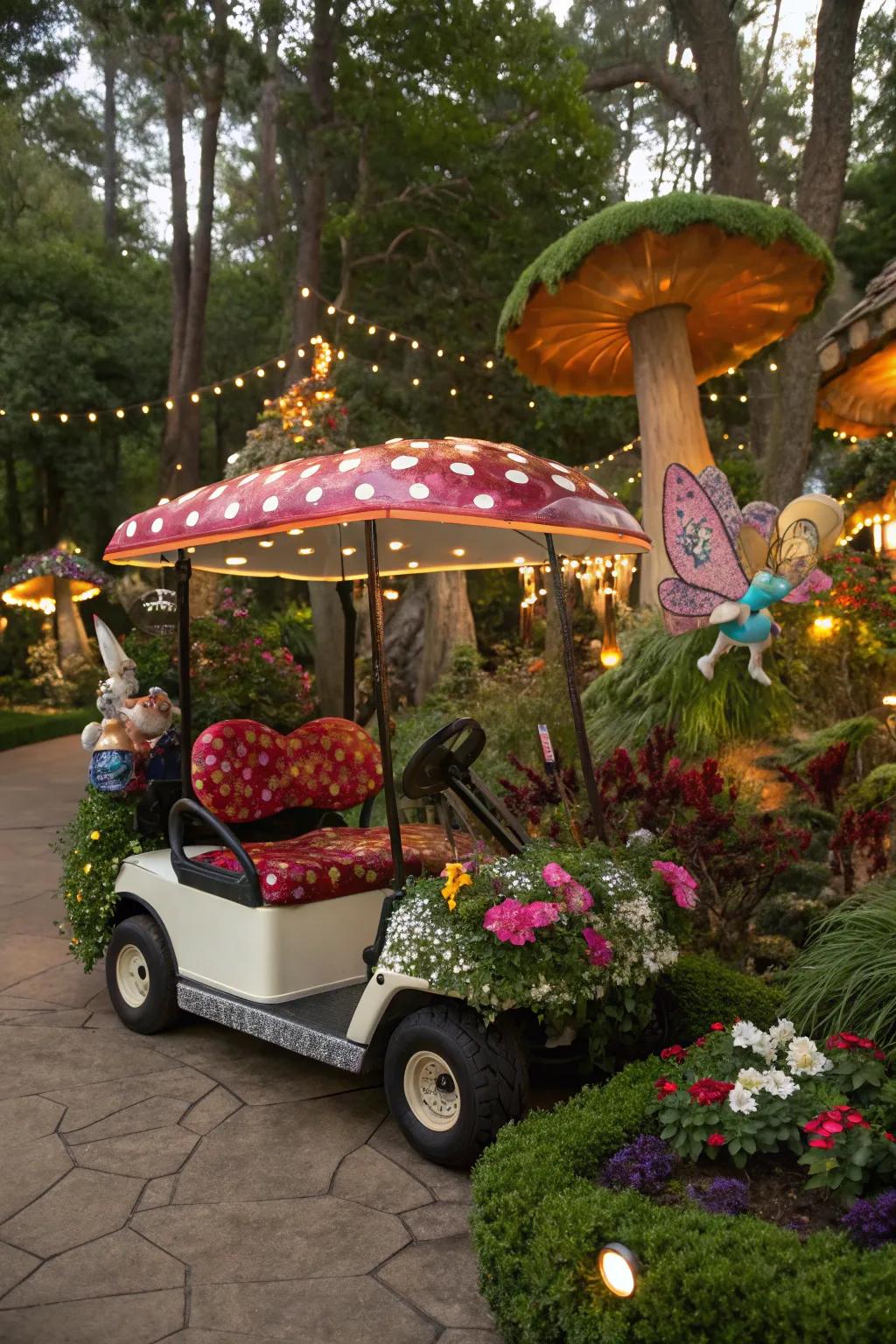Journey into an enchanting dreamland using imaginative golf cart ornaments.