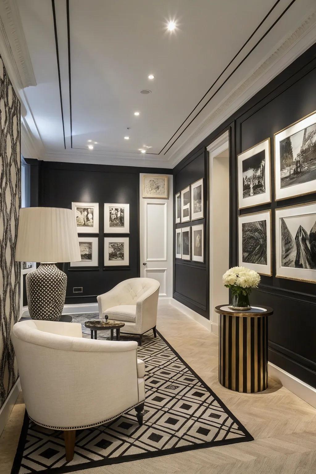 Monochrome artwork creating dramatic contrast and elegance.