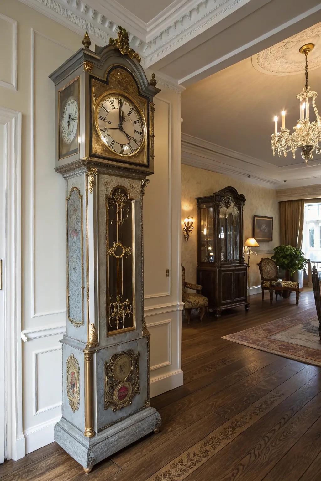A mix of metals adds a modern twist to the traditional tall case clock.