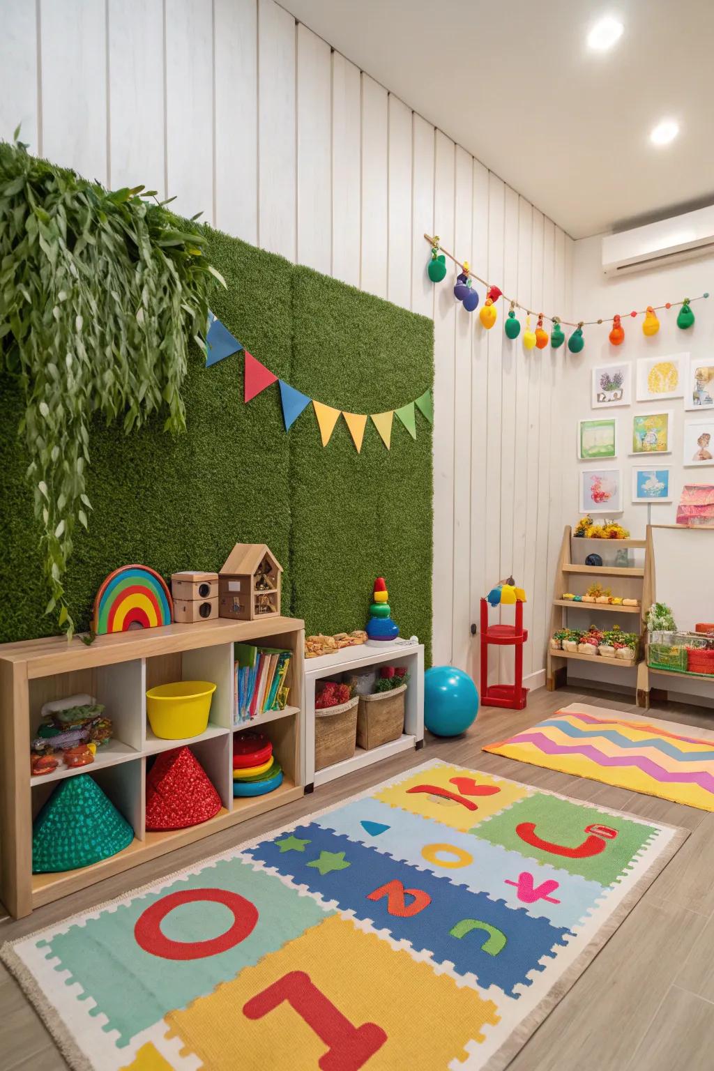 A grass wall in the children's space encourages ingenuity and playfulness.