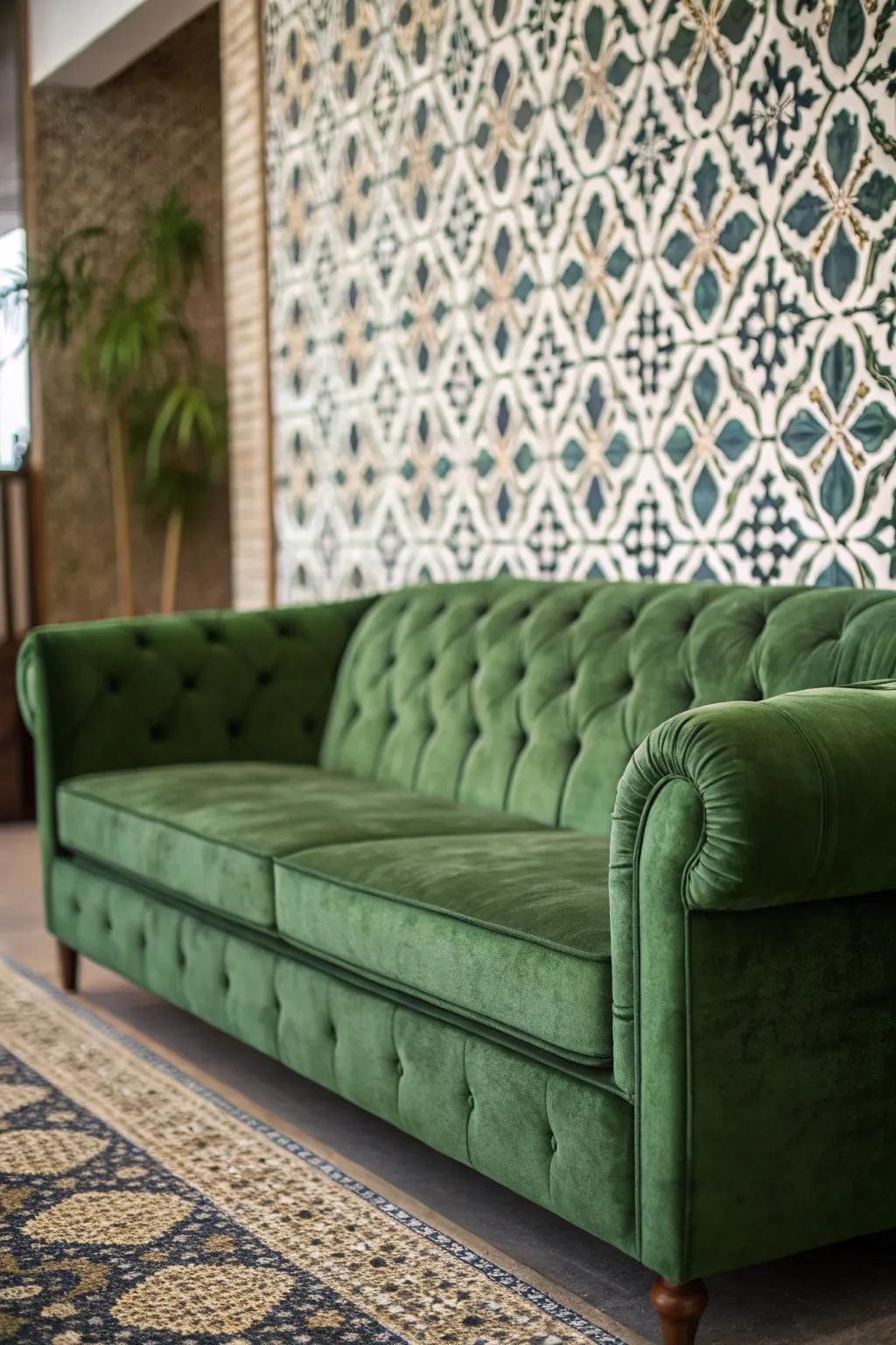 A daring family room with a verdant plush settee and a feature wall.
