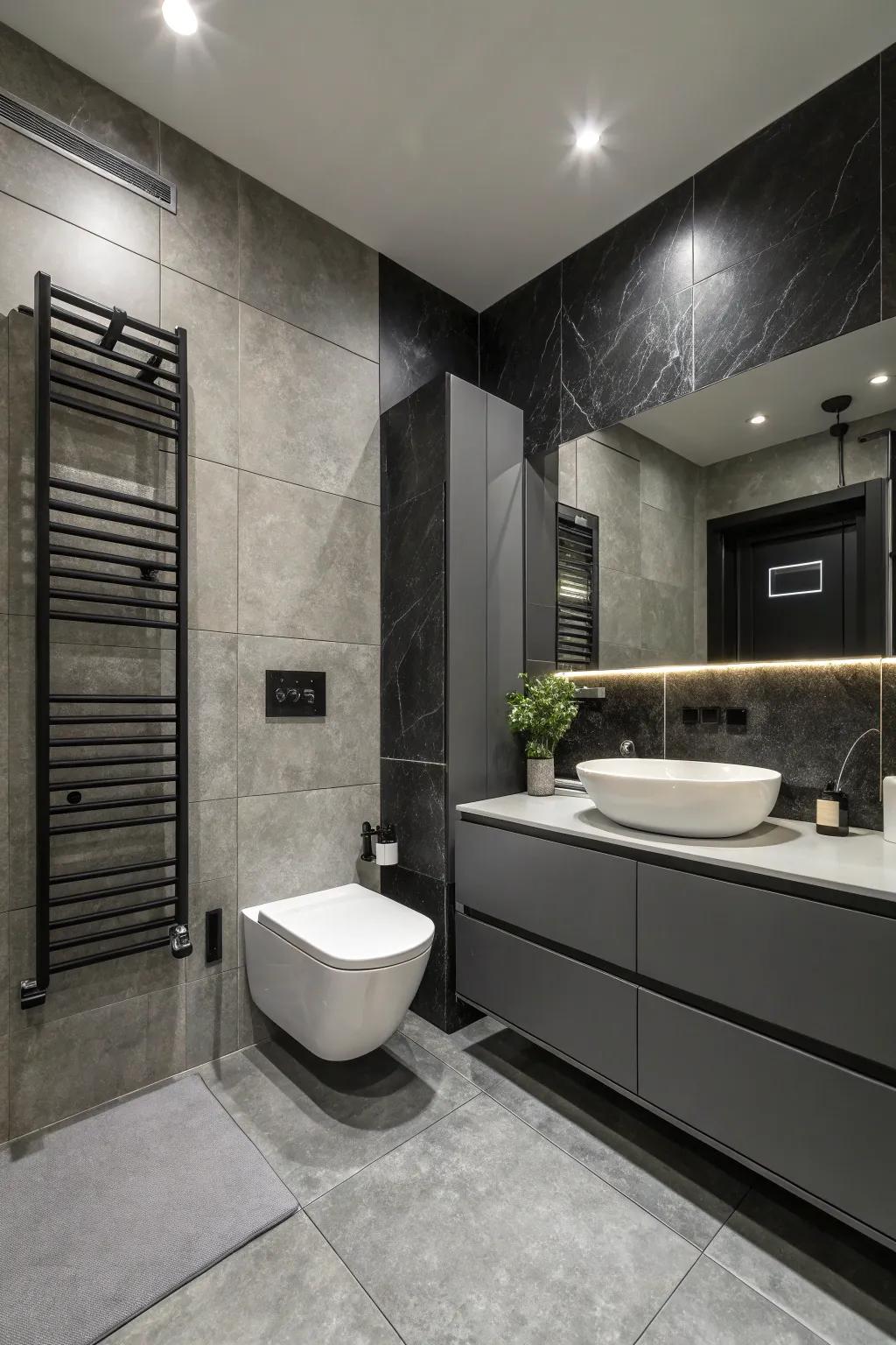 Black details introduce sophistication to the grey bathroom.