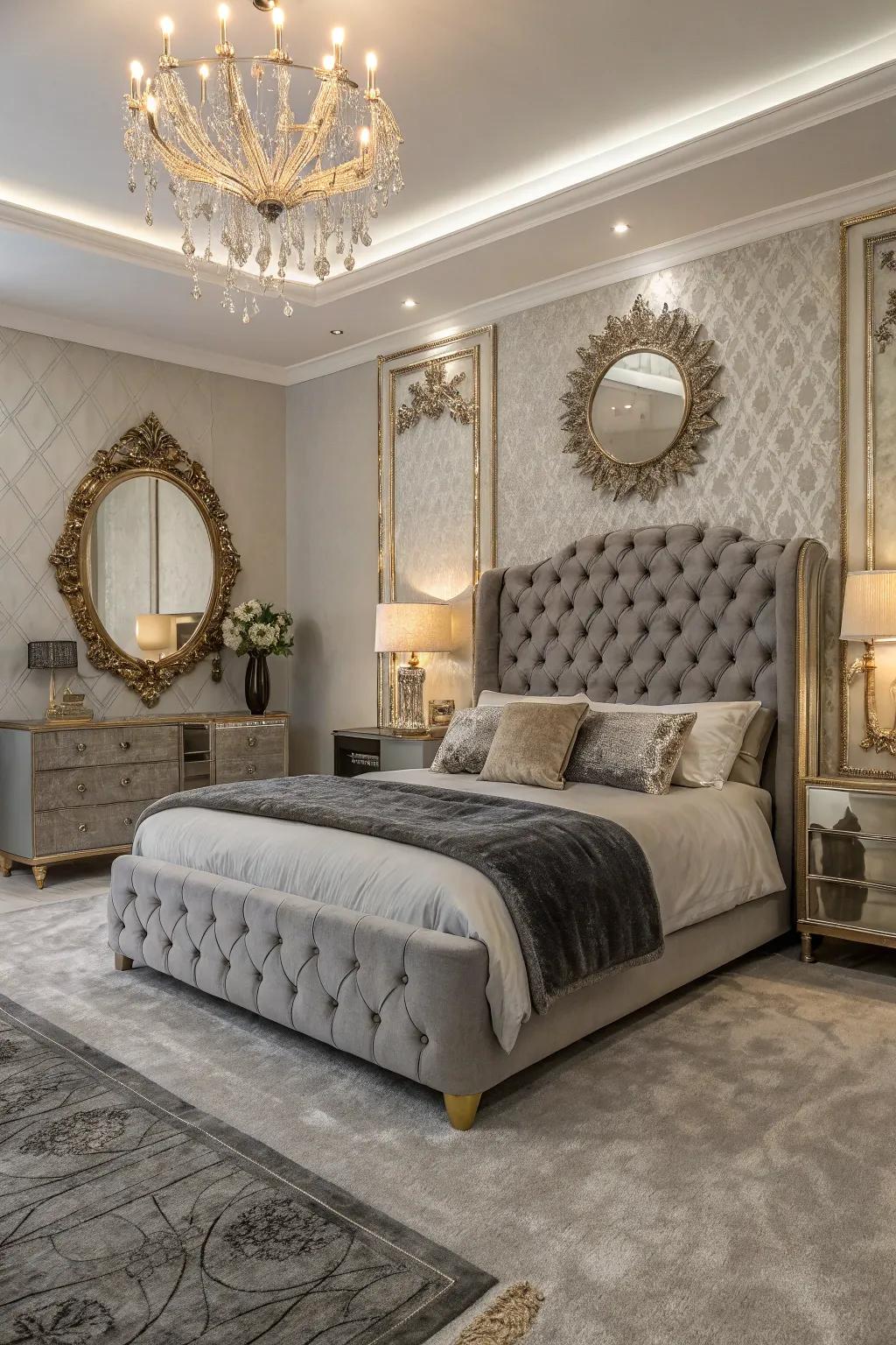 Glamorous elements give the grey carpeted bedroom a luxurious flair.