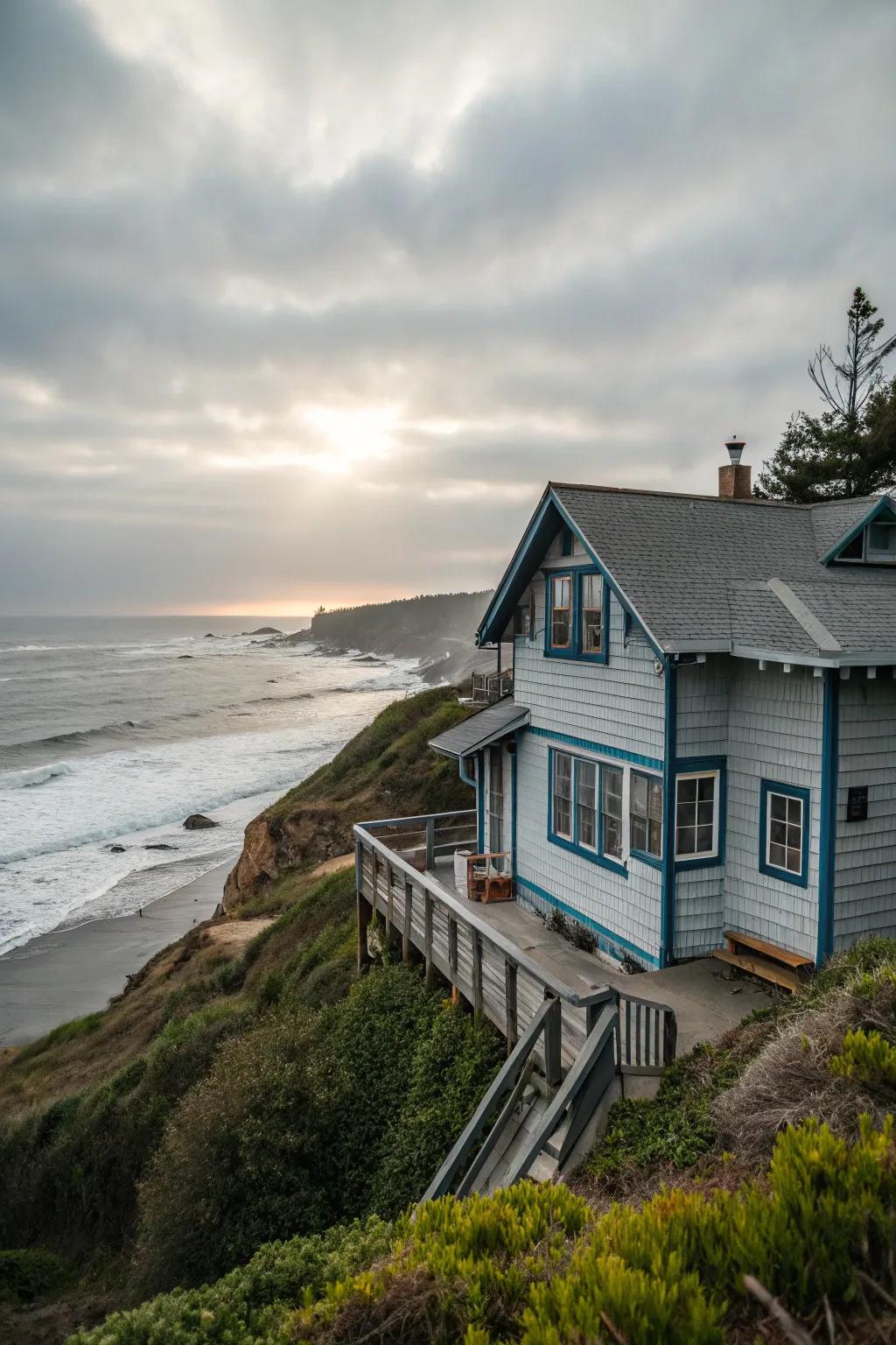 Gentle grey accented with azure trim conjures a calming coastal vibe.