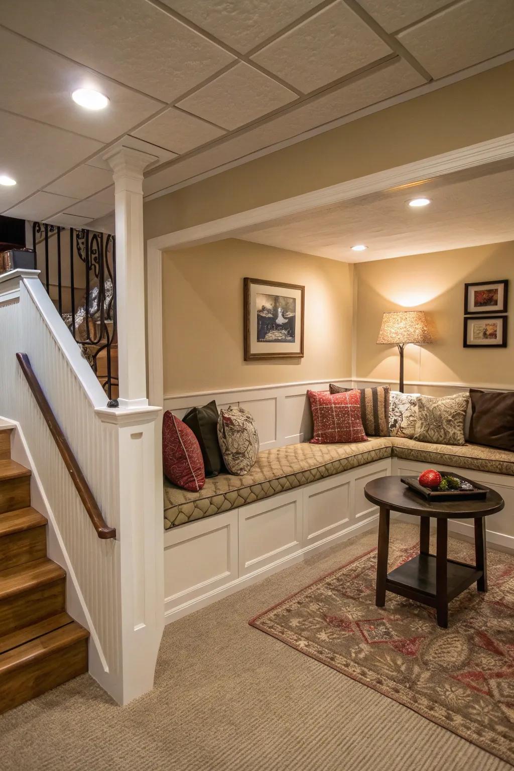 A seating nook adds coziness and charm.