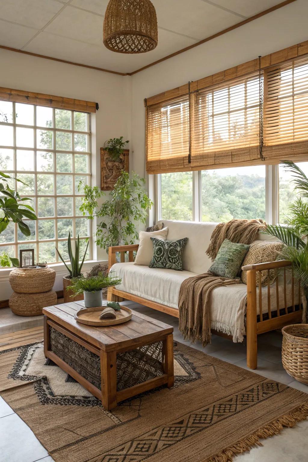 Sustainable living space featuring simulated wood coverings.