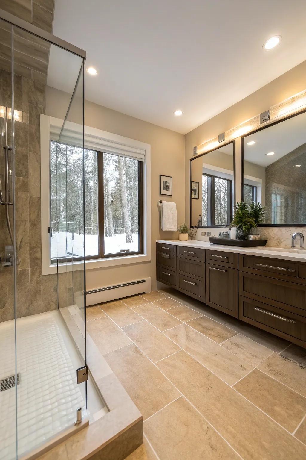 Heated floors provide luxury and comfort in a guest bathroom.