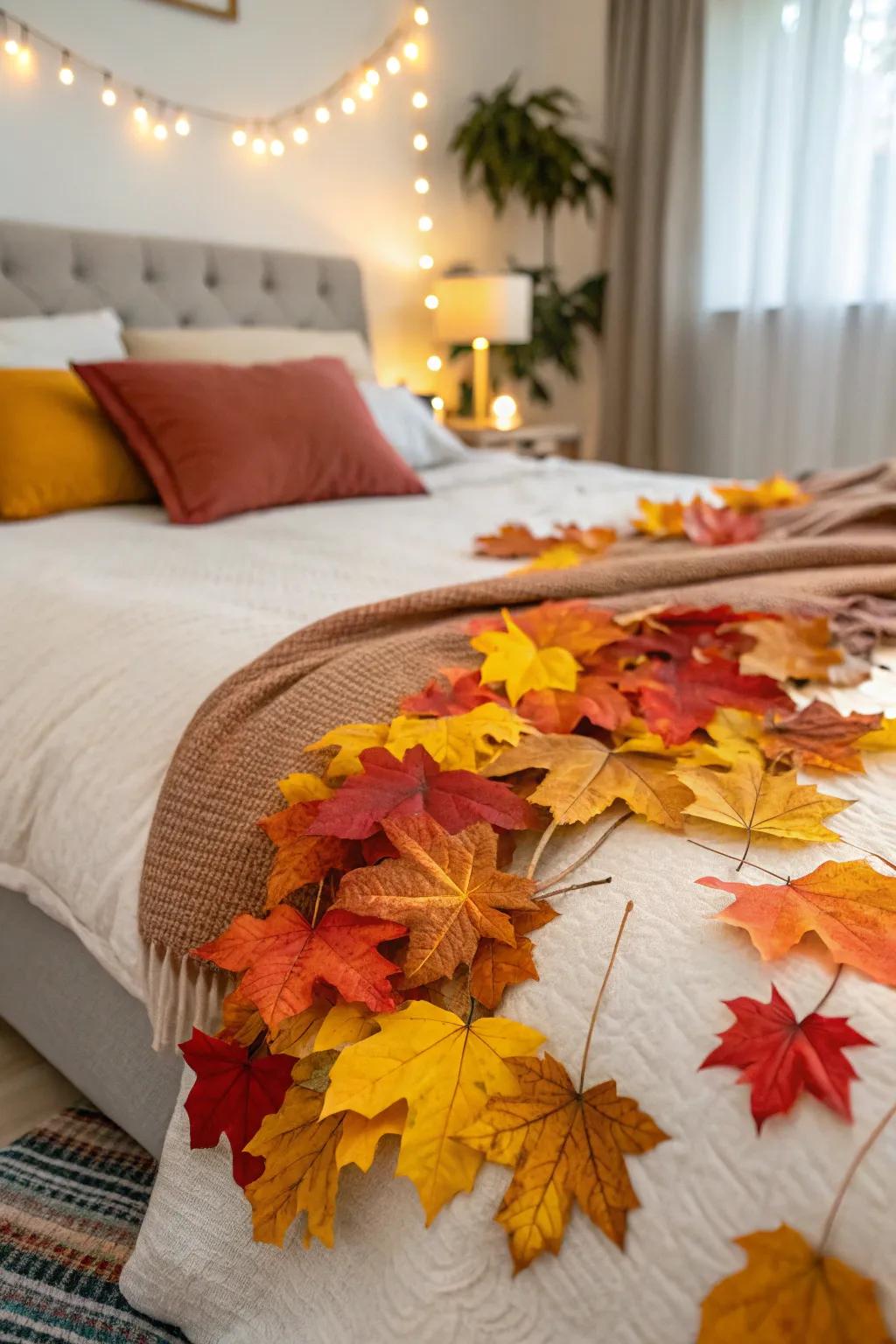 Faux leaves bring autumn colors into your Halloween design.