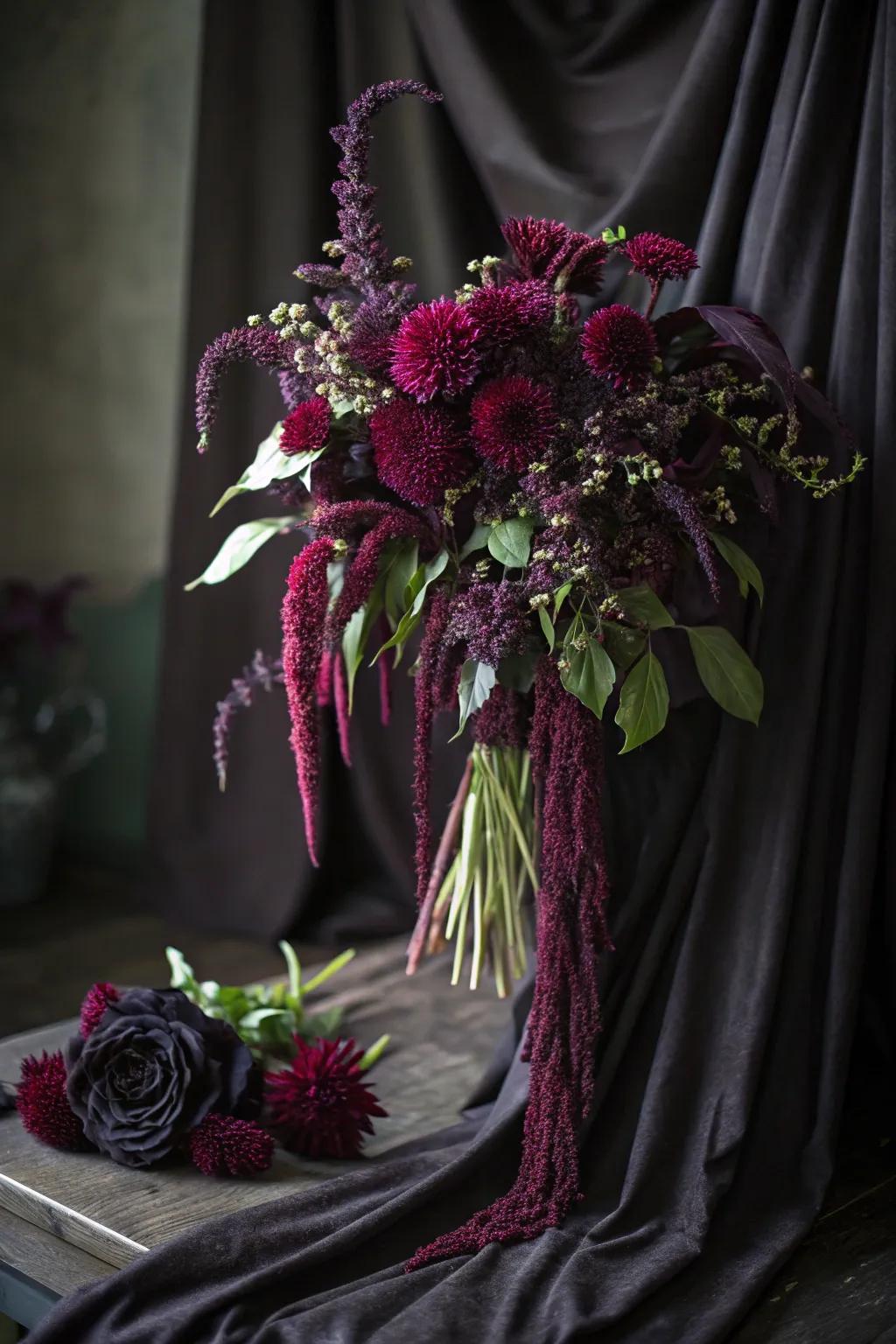Amaranthus delivers a cascade of hue and enigma to this captivating Halloween bouquet.