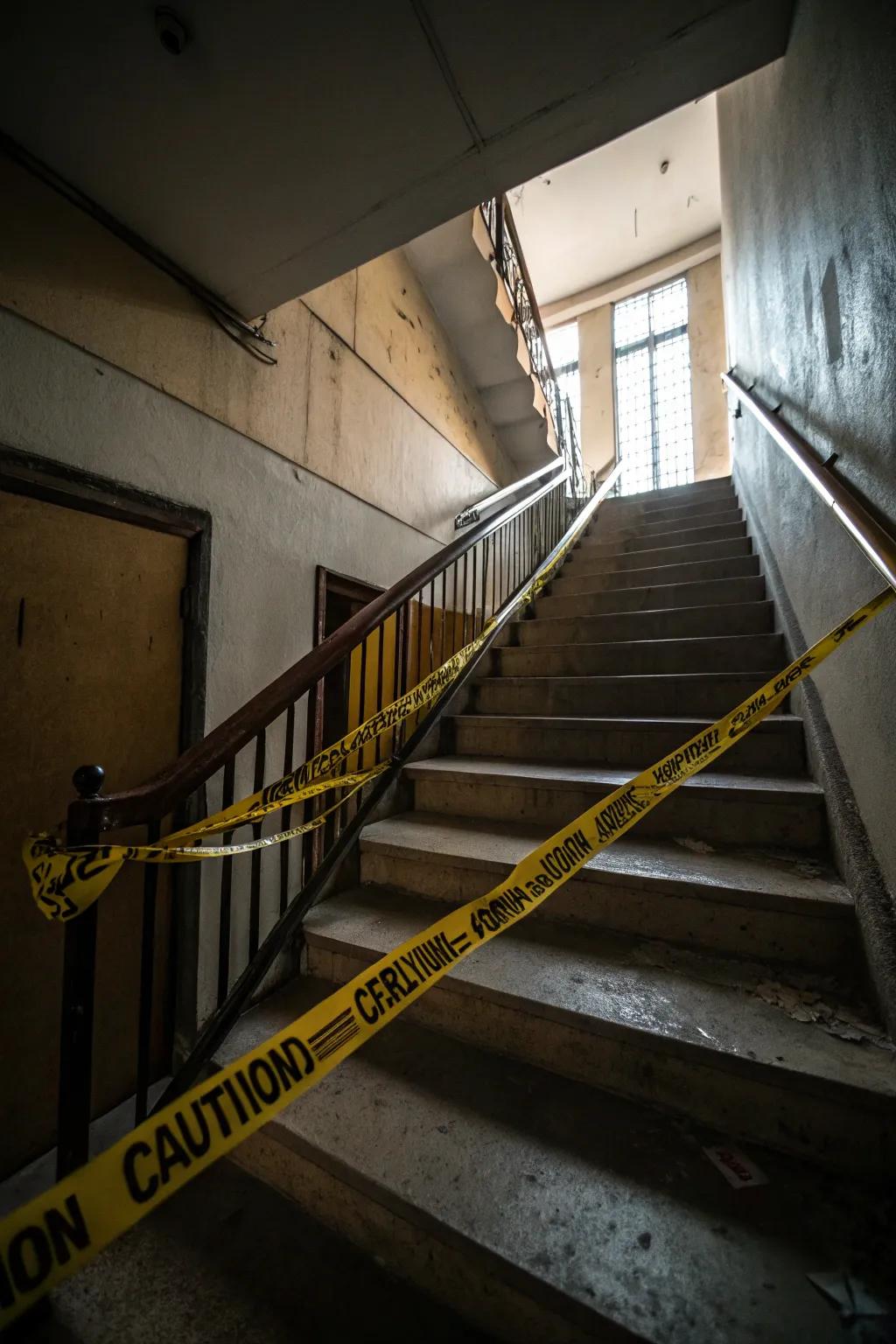 A stairway wrapped in warning ribbon for a spooky entrance.