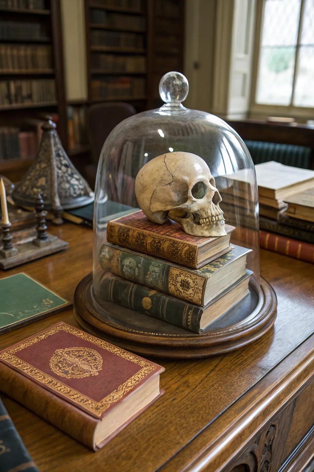 A classic manuscript pile beneath a display dome with a Halloween inflection.