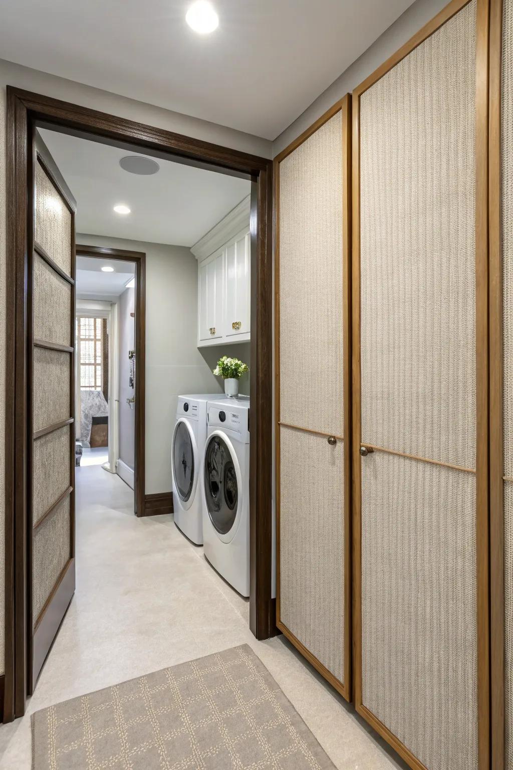 Textured fabric panel doors introduce a soft elegance to a hallway laundry room.