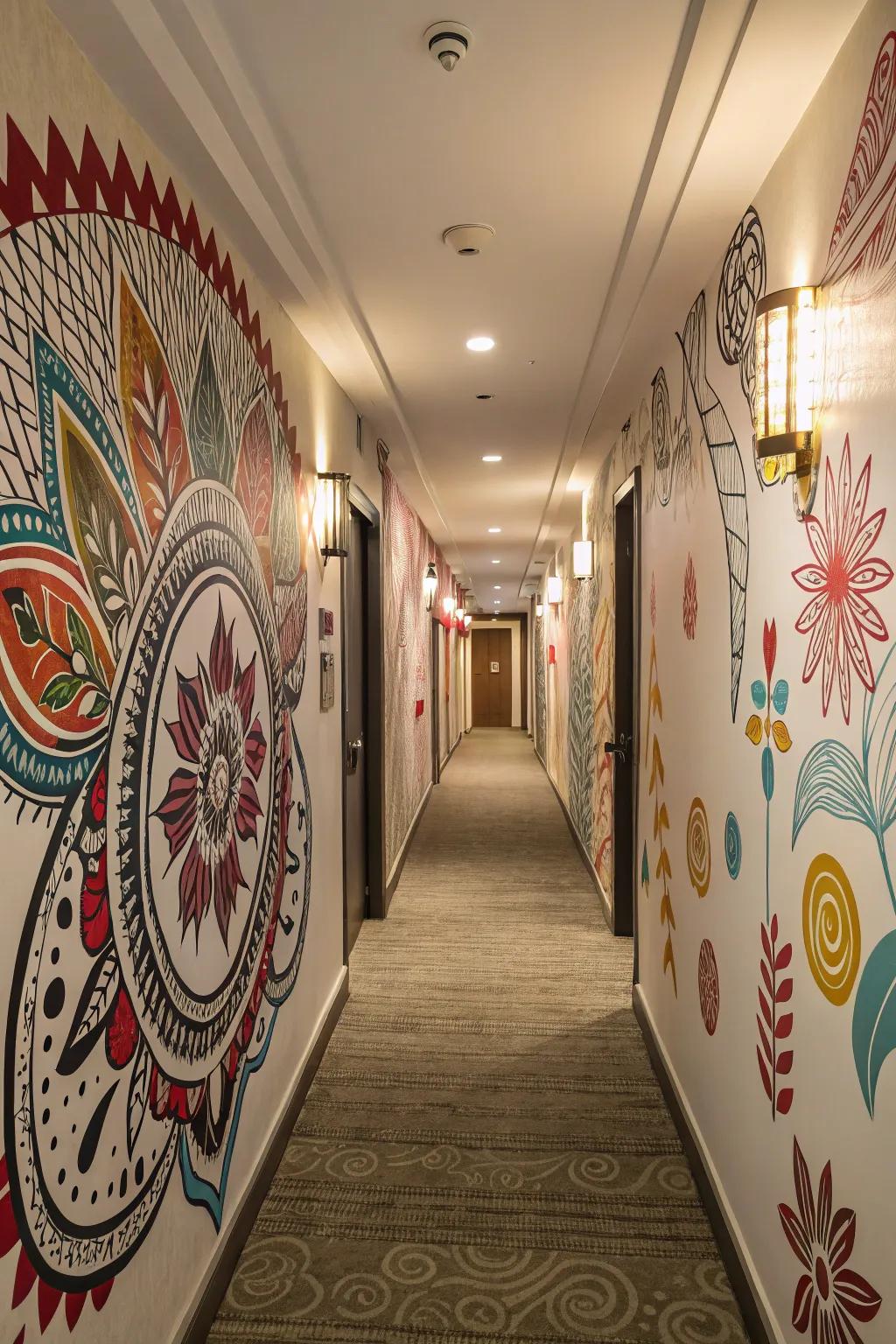 A gallery-esque hallway showcasing a breathtaking scenic surface decor.
