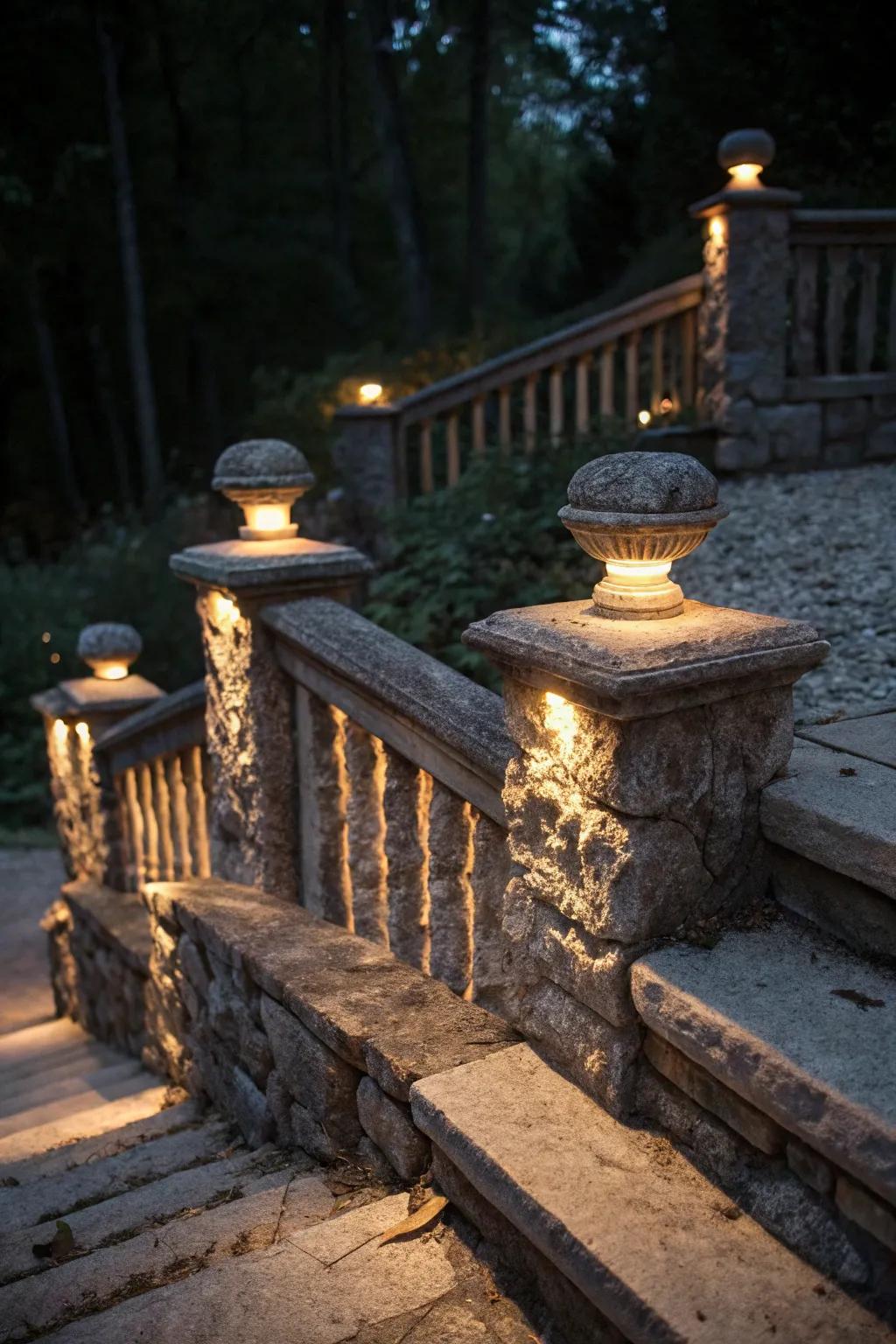 Concealed brightening in stone railings for a mysterious accent