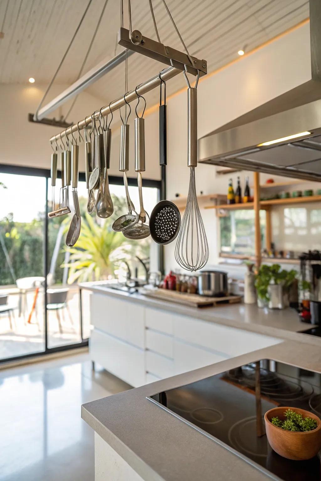 Enhance culinary efficiency via a suspended utensil bar.