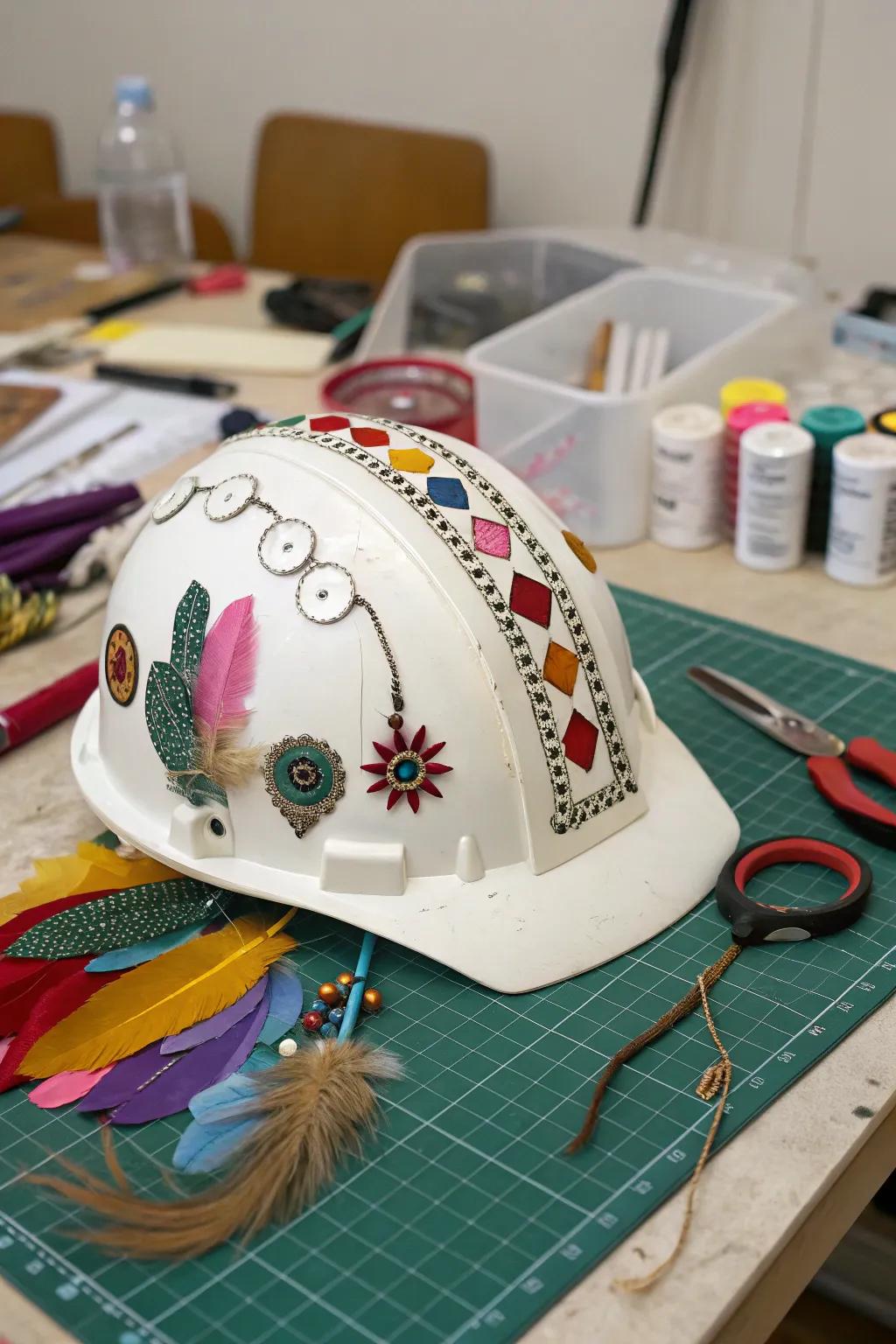 A safety helmet creatively adorned with recycled resources.