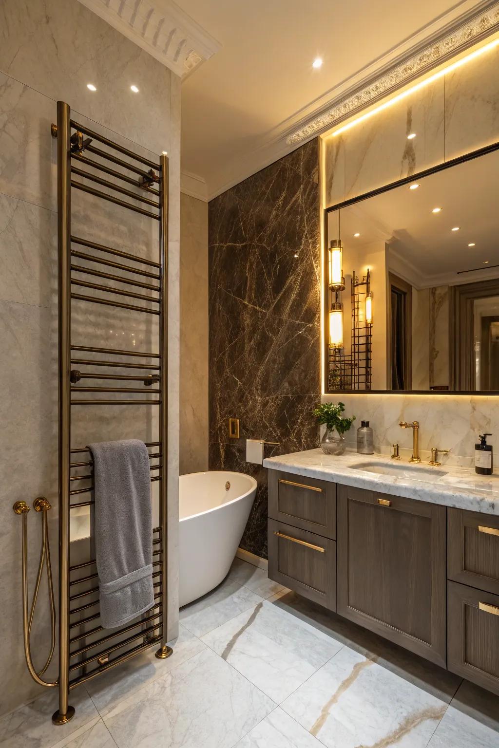 An elegant bathroom with a heated towel rack, adding a touch of comfort.