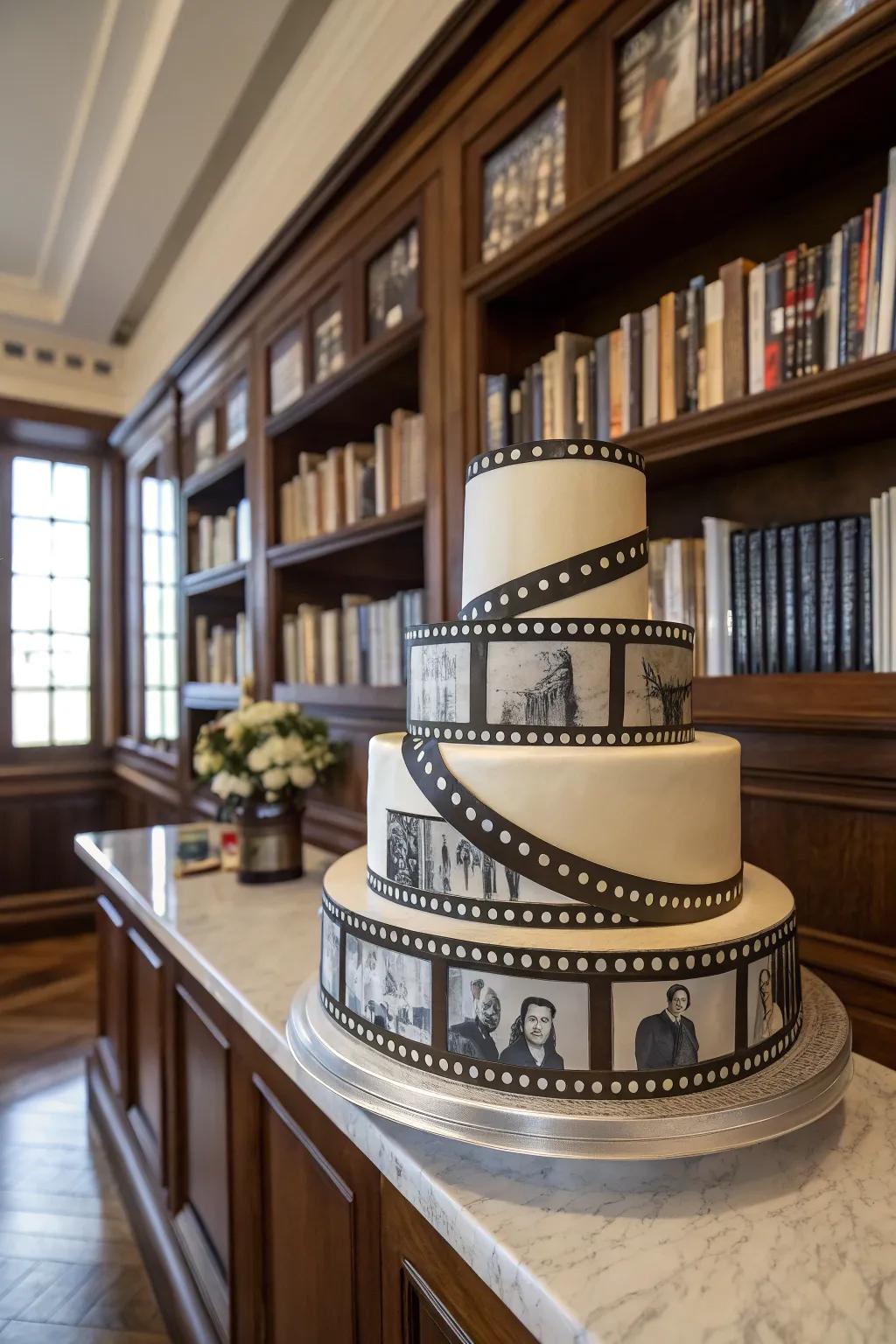 Film strip fondant provides this cake with a nostalgic, cinematic vibe.