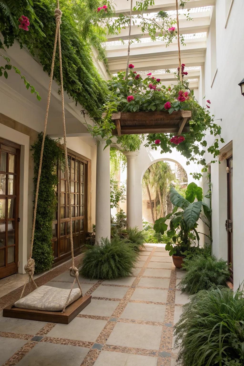A whimsical suspended planting and swing adding surprise to an atrium.