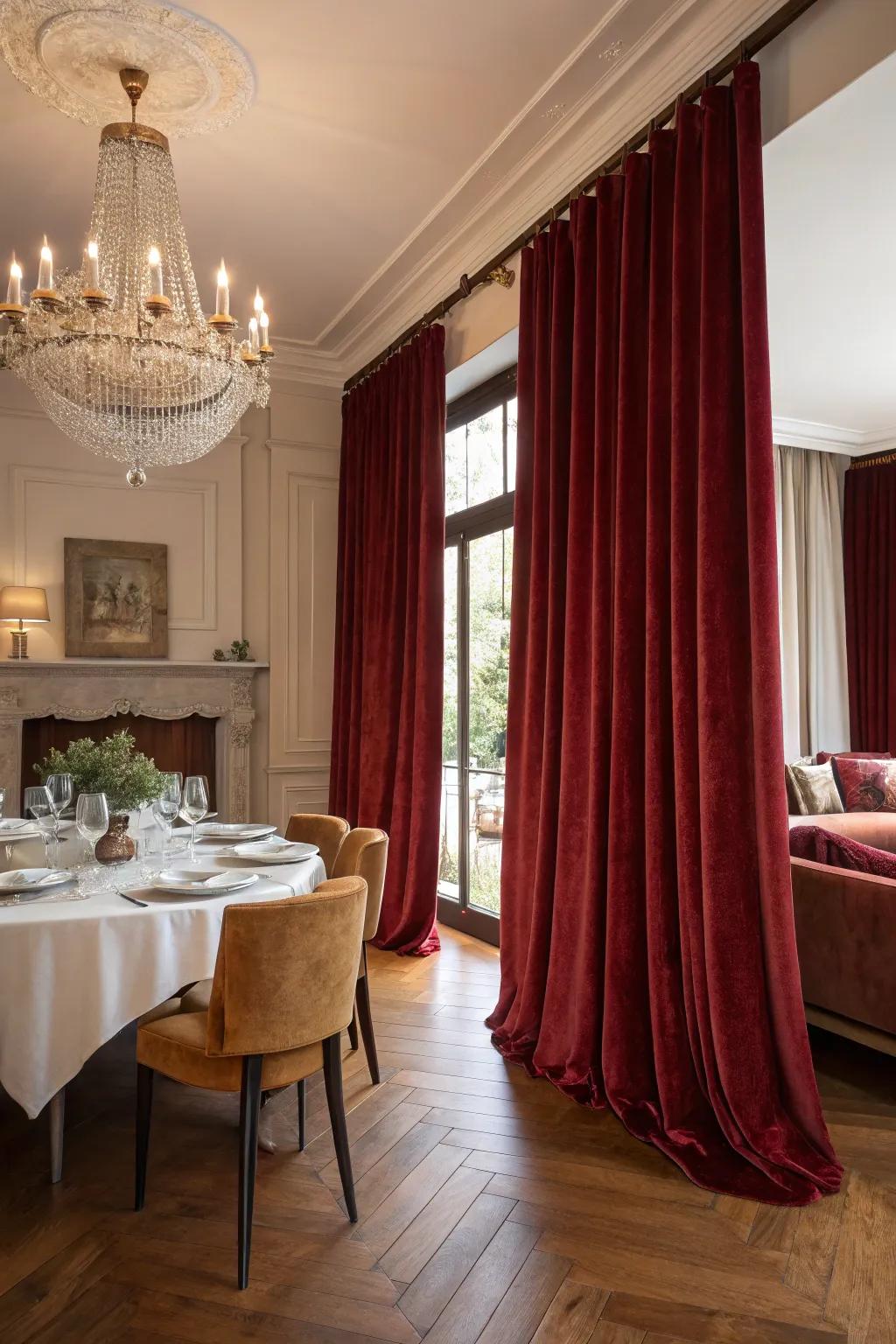 Curtains enhance drama and elegance, elevating the space's overall aesthetic.