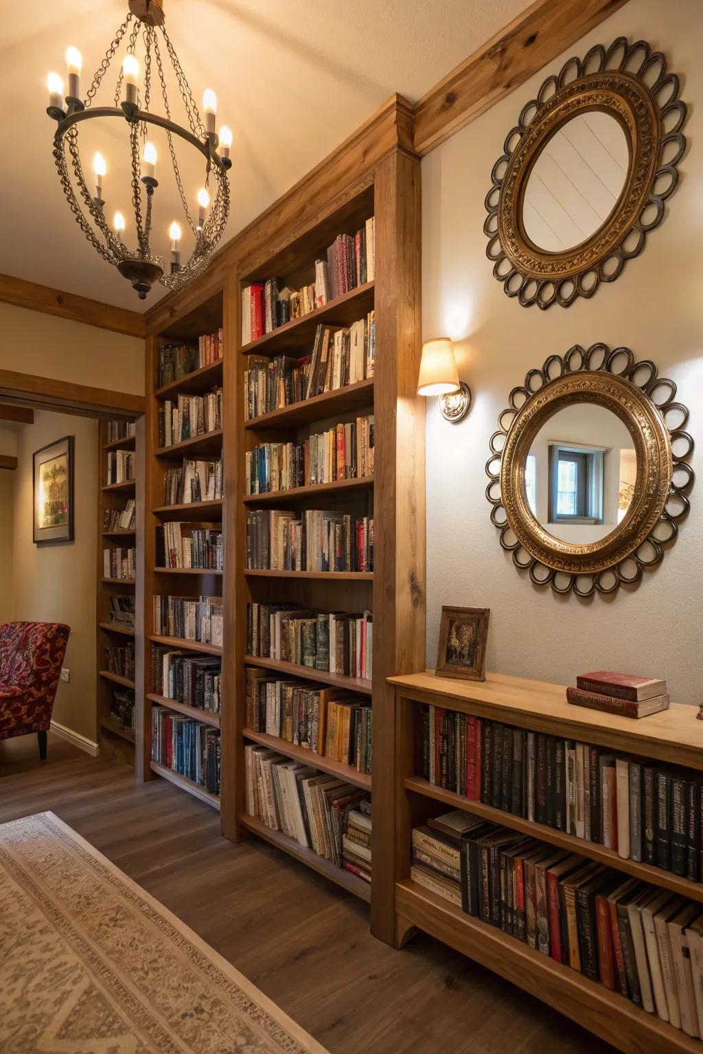 Ornamental mirrors add depth and light to the library.