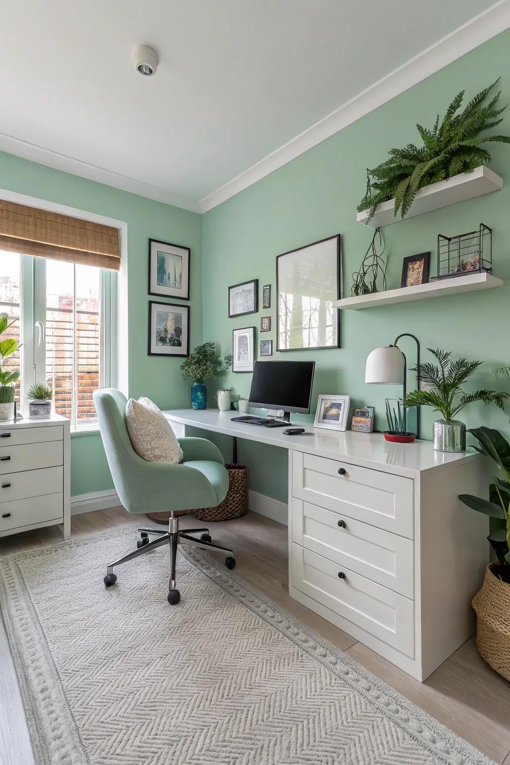 Mint walls foster an invigorating and crisp ambiance in this modern home office.