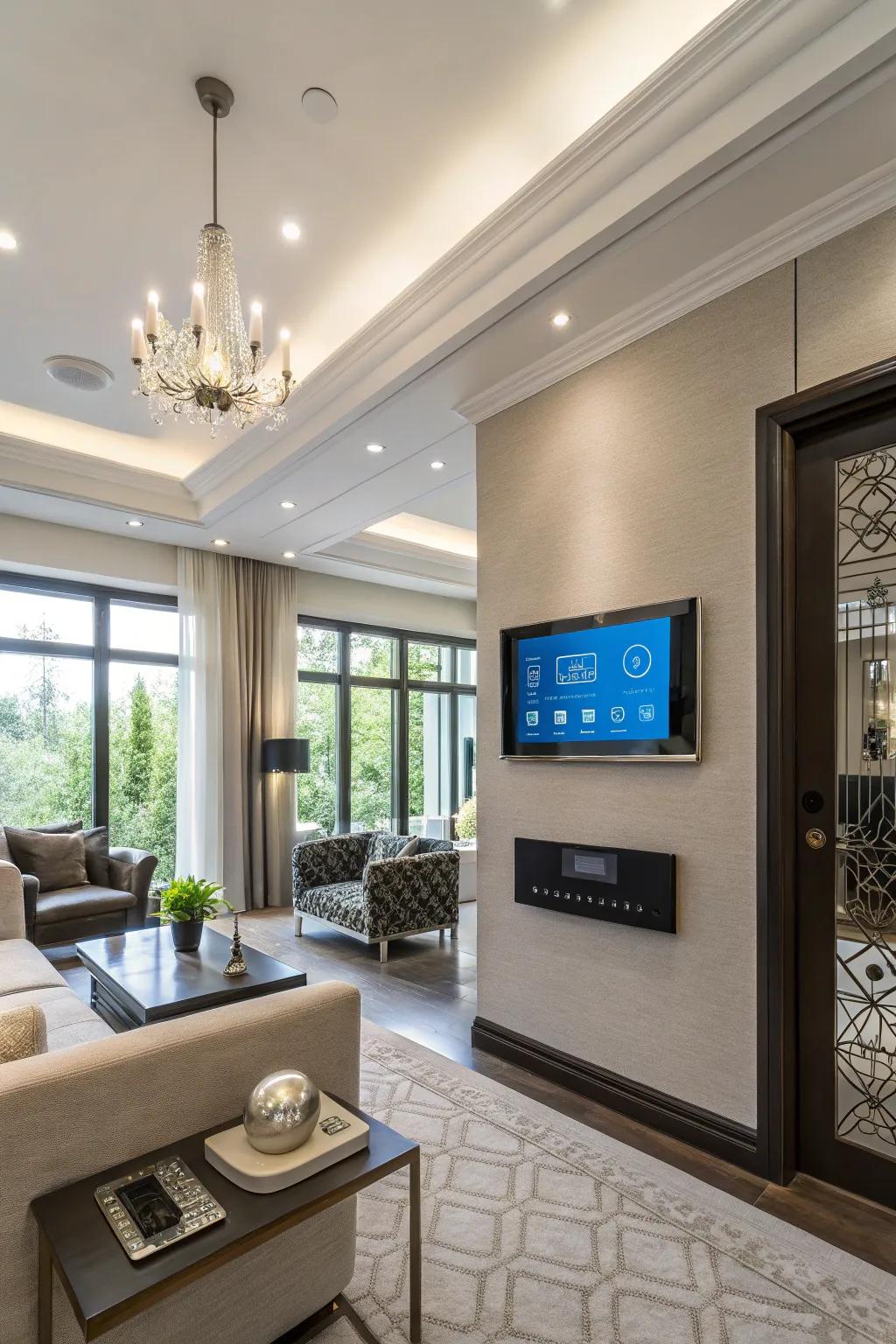 A living room with smart home technology for convenience.