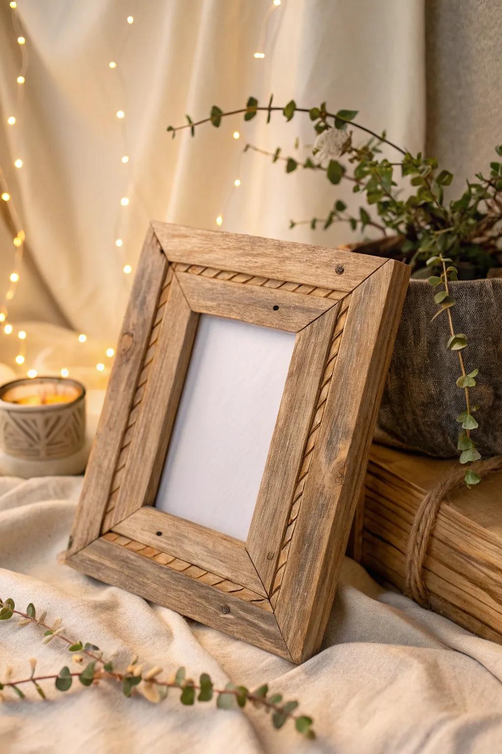 Transform recycled wood into a rustic photo frame for a heartfelt, eco-friendly gift.