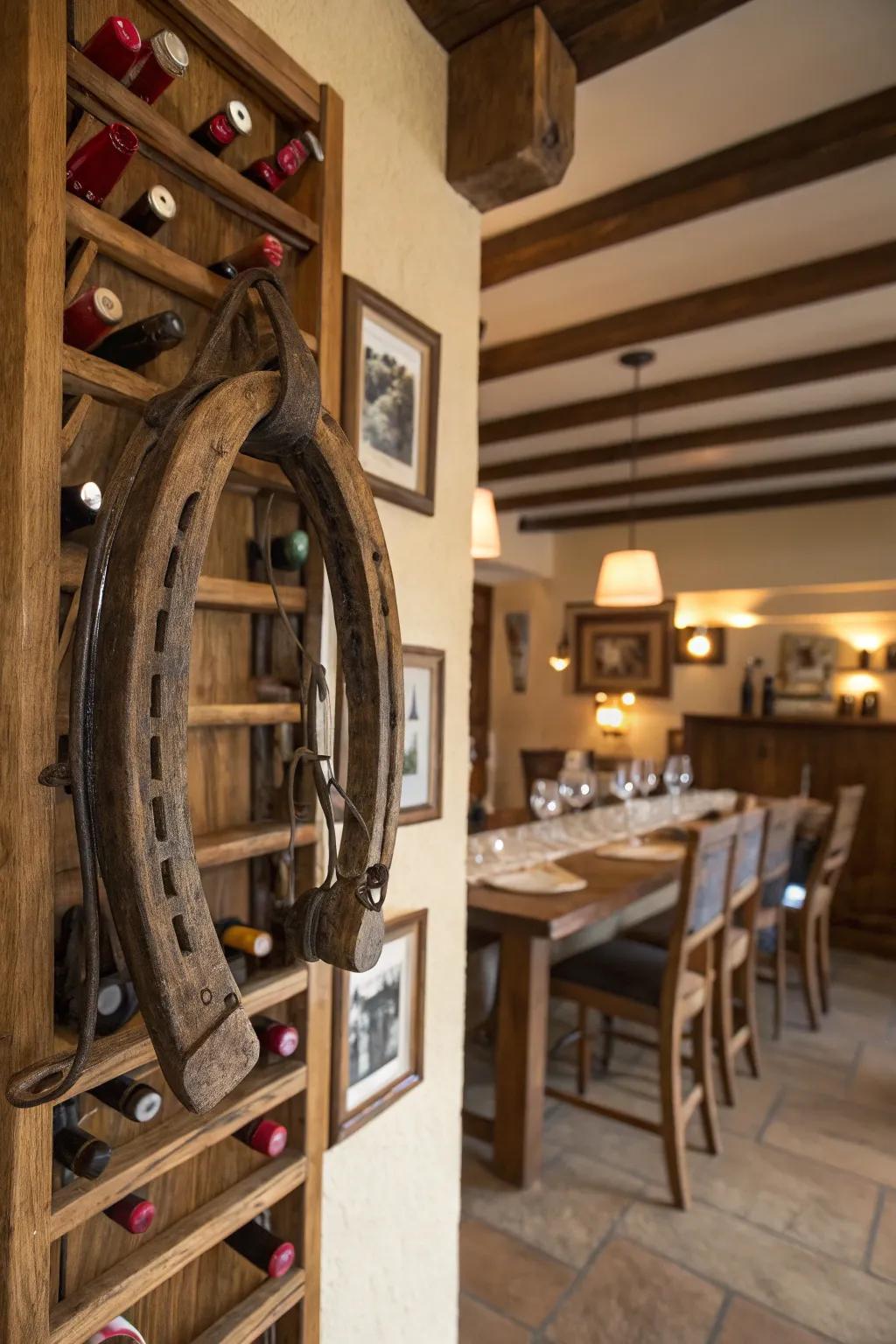 A horse collar creatively repurposed into a unique spirits display.