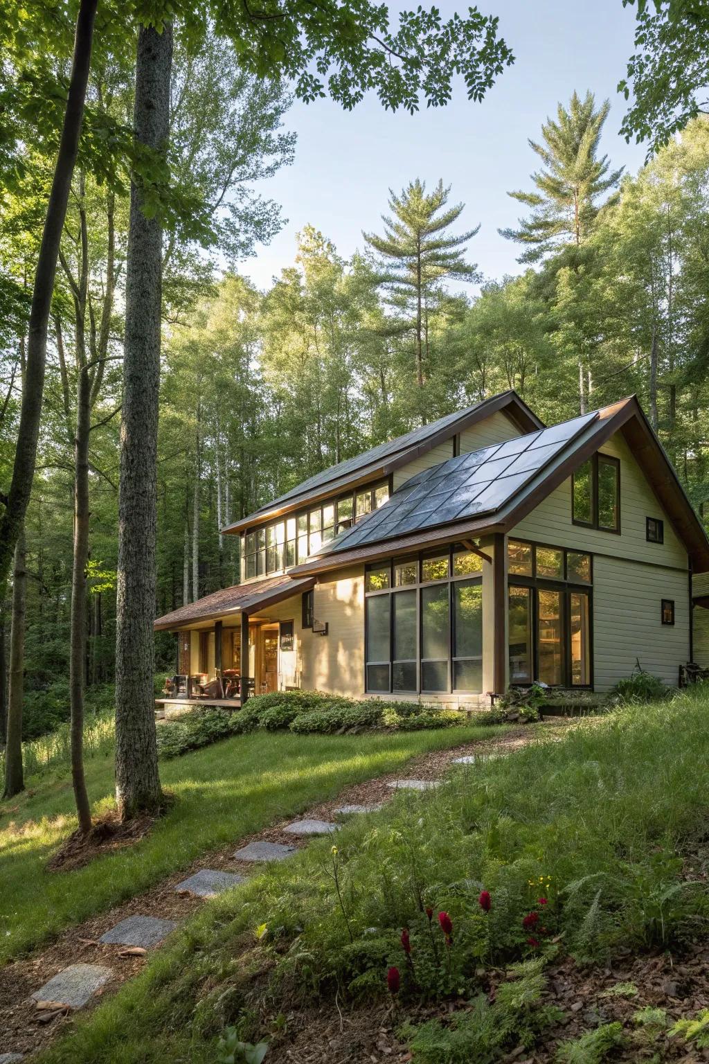 A solar-efficient home benefiting from sunlight in the forest.