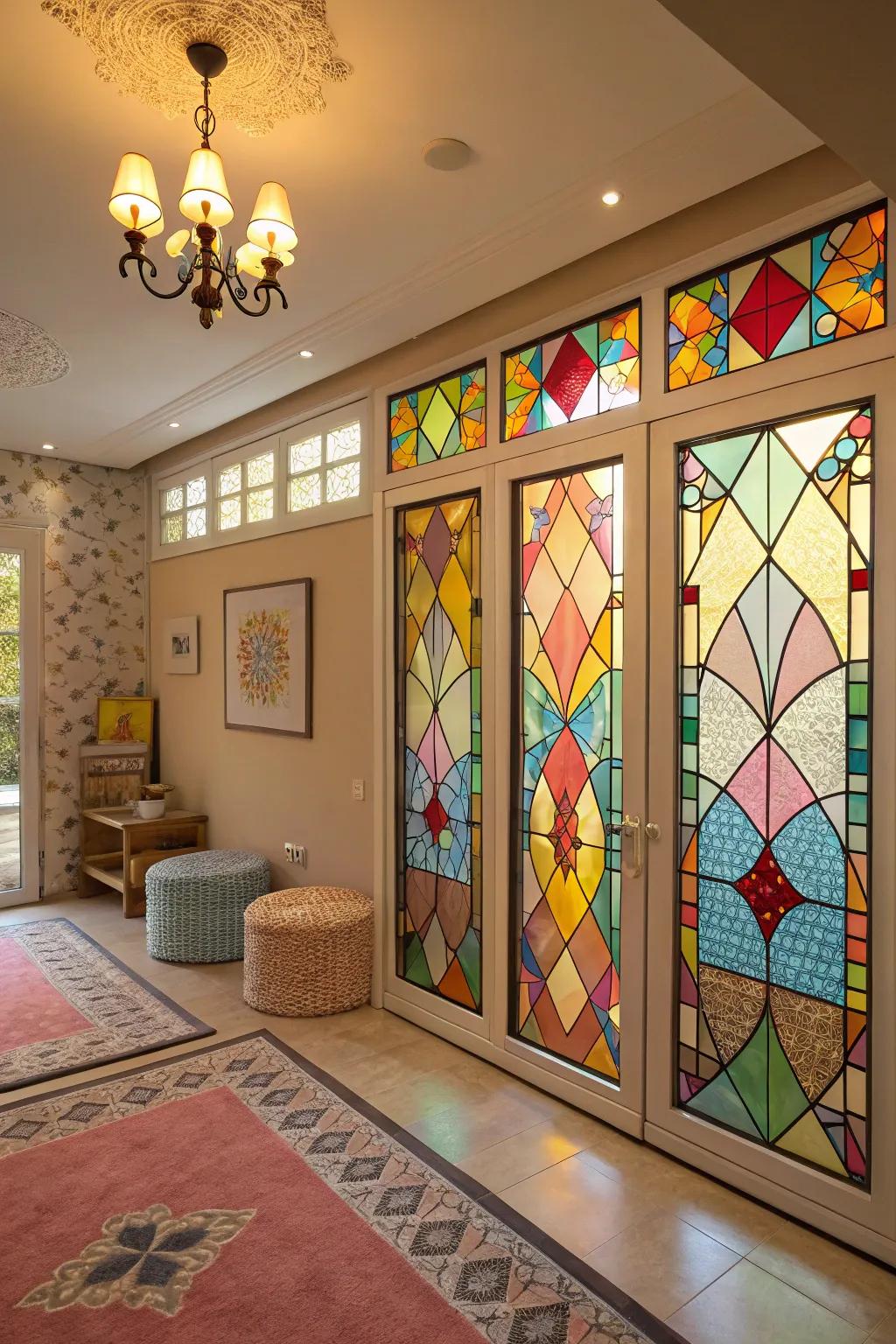 Stained glass film enhances vibrant artistry.
