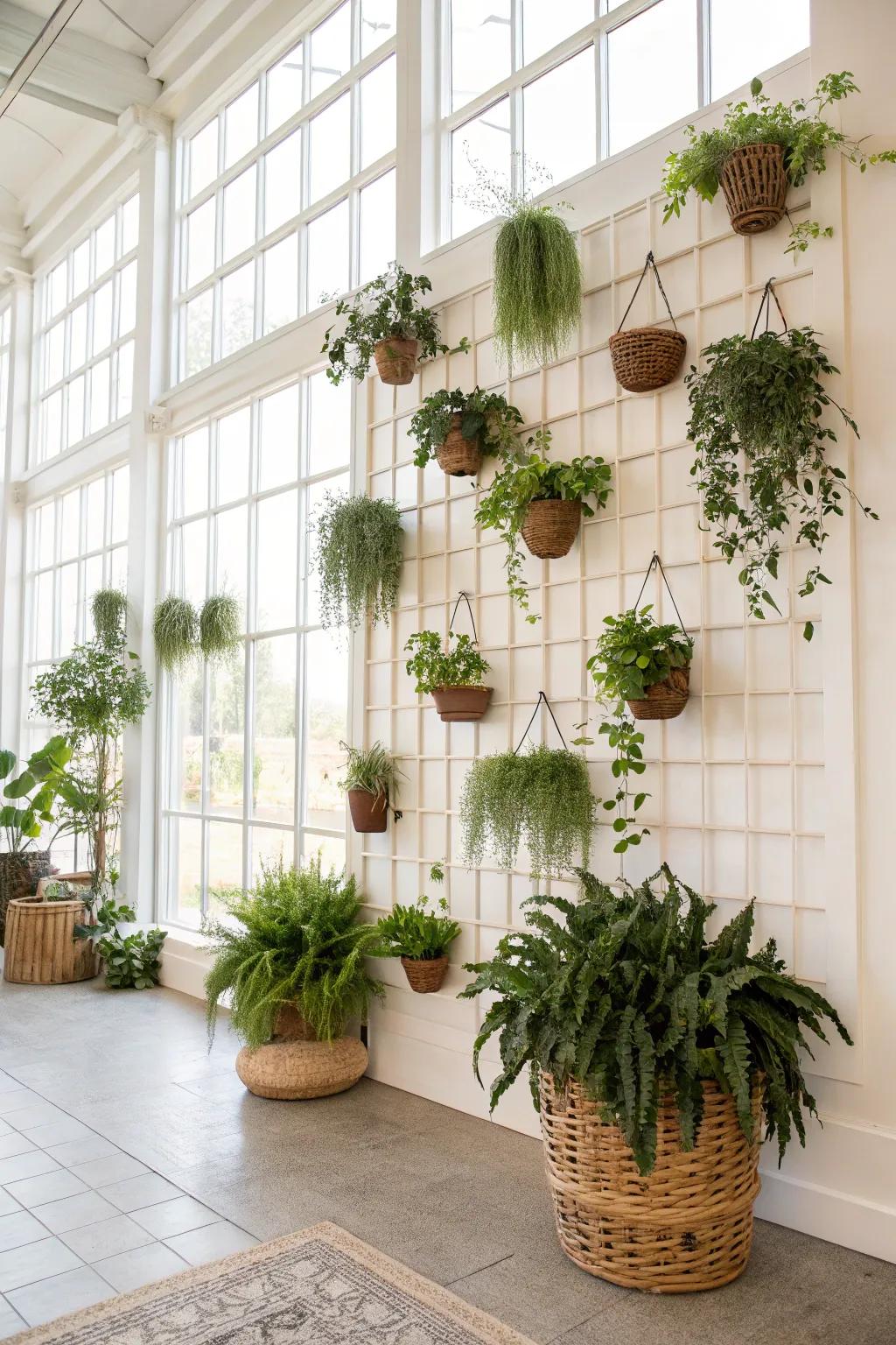 Hanging plants contribute vitality and freshness to broad walls.