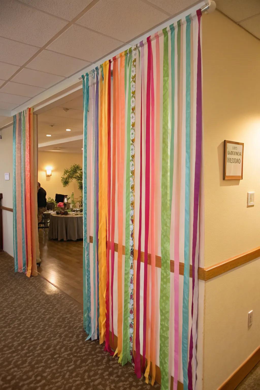 Delineate areas creatively using a ribbon room partition.