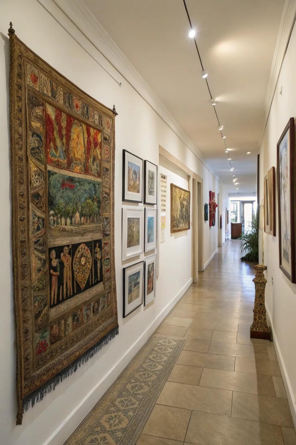 The artistic charm of a tapestry can enhance other pieces of art on a gallery wall.
